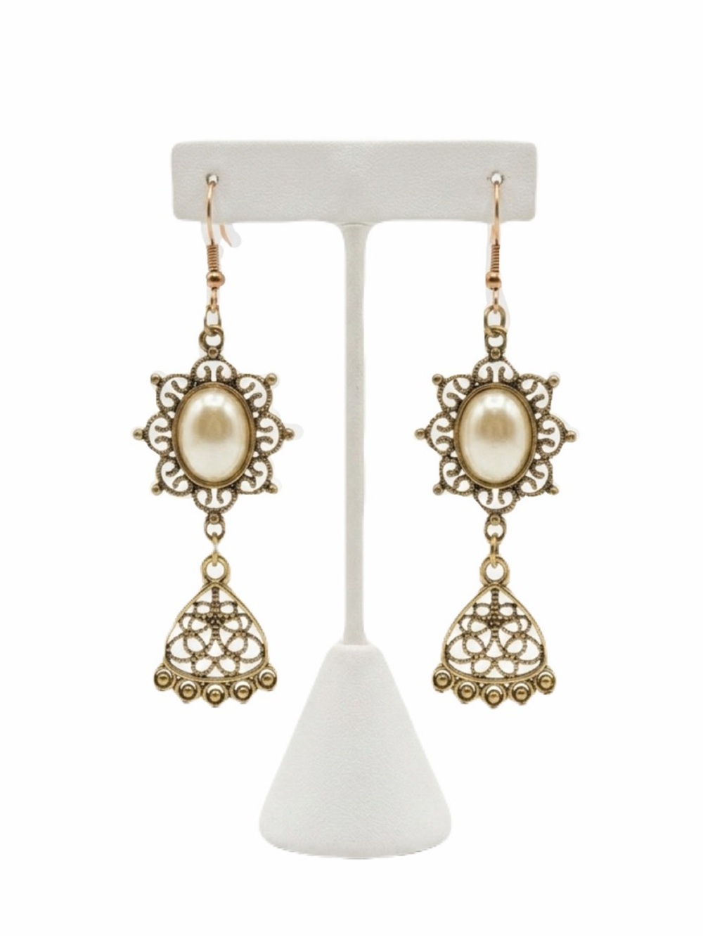 Vintage Bronze Artisan Fresh Saltwater Pearl Floral Paisley Dangle Earrings OOAK